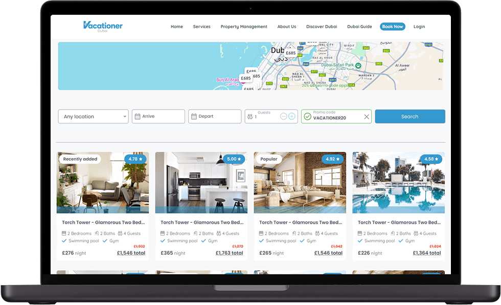 Vacationer Dubai booking engine interface